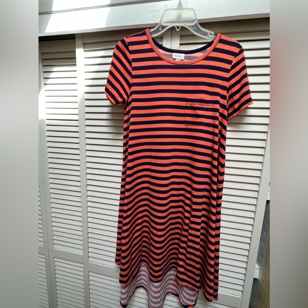 Lularoe Sz XS Carley Dress Orange and Blue Striped 3/4 length Cotton Dress